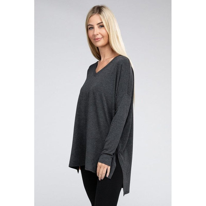 Dolman Long Sleeve V-Neck Side Slit Hi-Low Hem Top