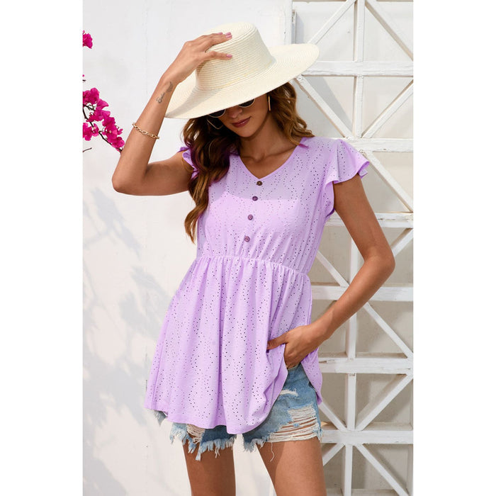 Decorative Button V-Neck Cap Sleeve Blouse