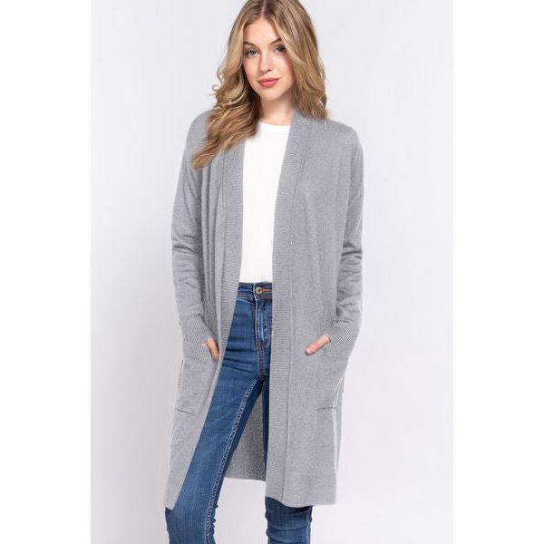 ACTIVE BASIC Open Front Rib Trim Long Sleeve Knit Cardigan