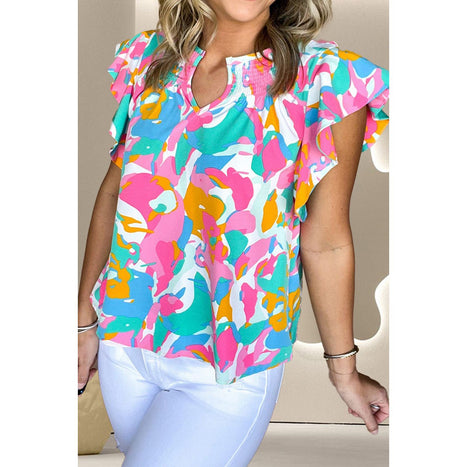 Ruffled Printed Notched Cap Sleeve Blouse