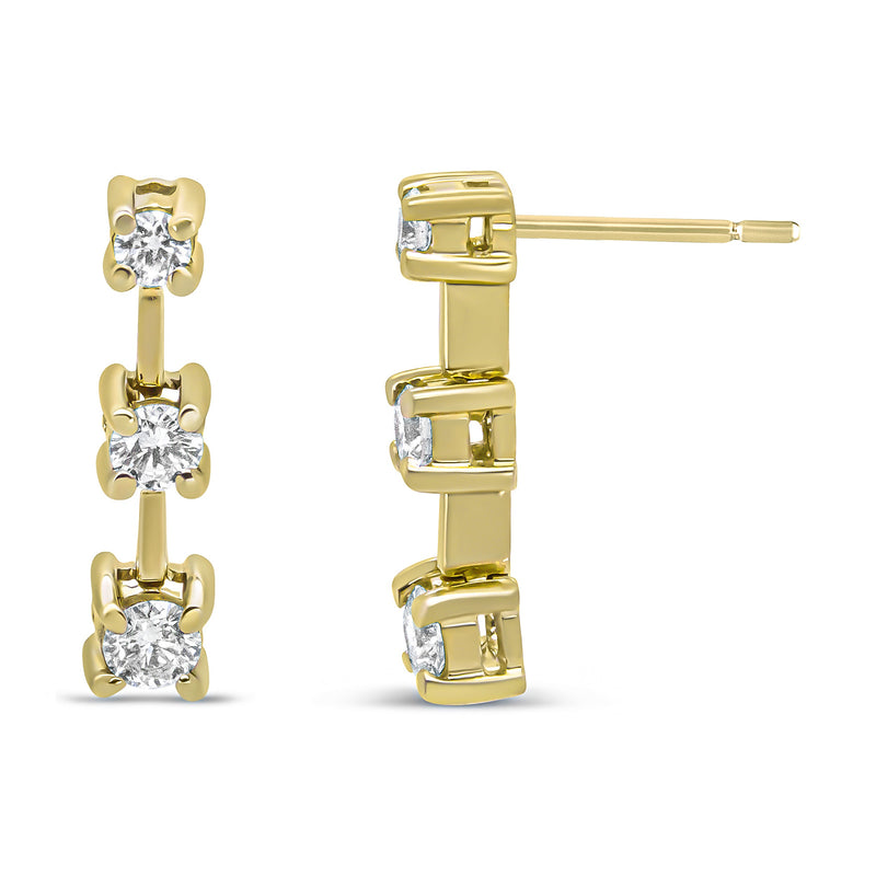 Bids.com 14K Yellow Gold 1/2 Cttw Round Diamond 3 Stone Graduated Linear Drop Past, Present and Future Stud Earrings (H-I Color, SI1-SI2 Clarity) Earrings