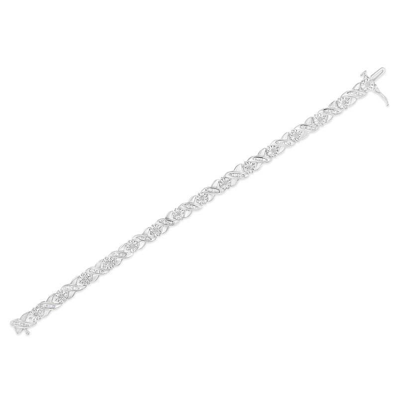 Bids.com .925 Sterling Silver 1.0 Cttw Round-Brilliant and Baguette Cut Diamond Miracle-Set X-Link 7" Tennis Bracelet (I-J Color, I2-I3 Clarity) Bracelets