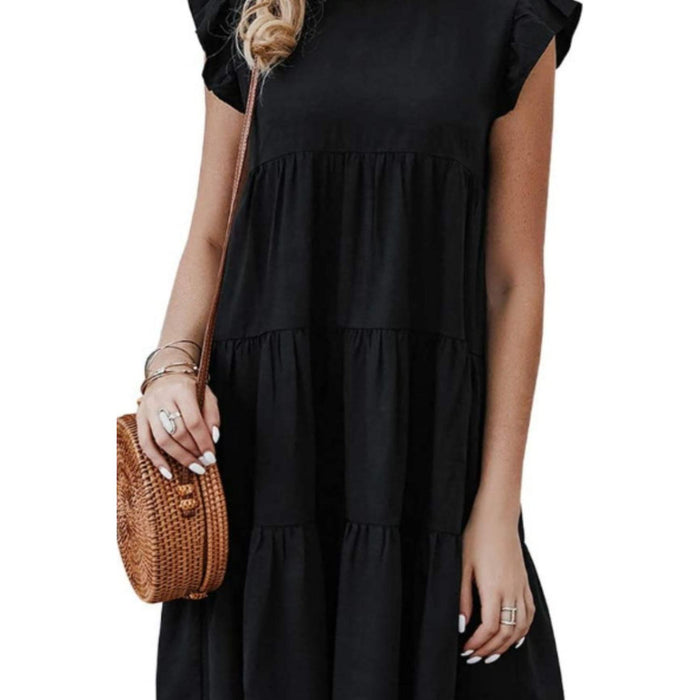 Ruffled Round Neck Cap Sleeve Mini Dress