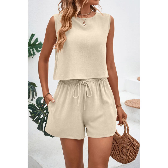 Round Neck Top and Drawstring Shorts Set