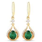 Bids.com 0.70 Carat Genuine Zambian Emerald and White Diamond 14K Yellow Gold Earrings Earrings