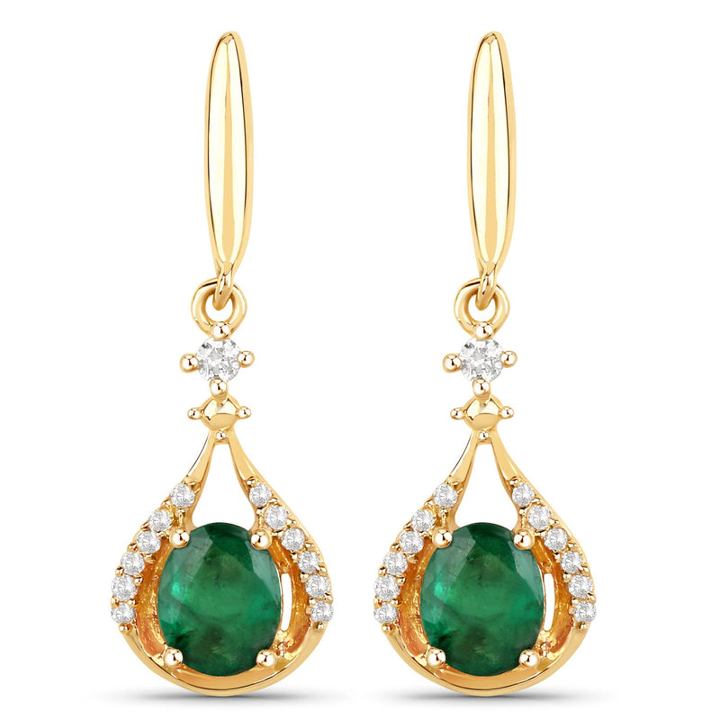 Bids.com 0.70 Carat Genuine Zambian Emerald and White Diamond 14K Yellow Gold Earrings Earrings