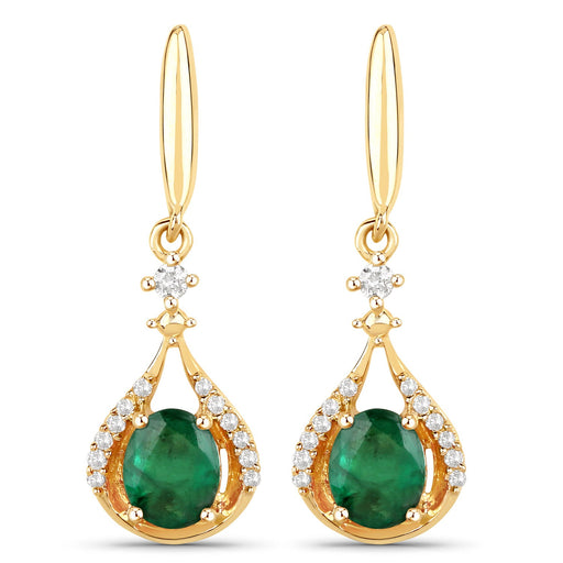 Bids.com 0.70 Carat Genuine Zambian Emerald and White Diamond 14K Yellow Gold Earrings Earrings