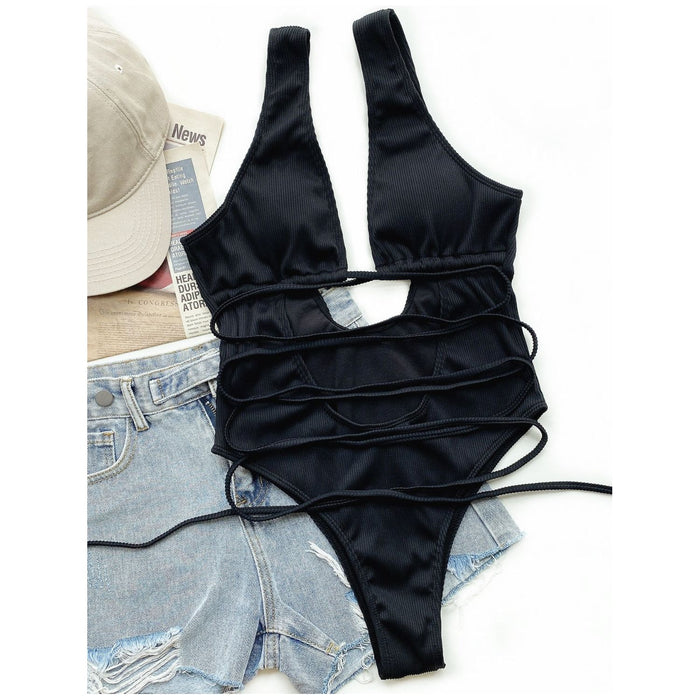 Ribbed Lace Up One-Piece Swimsuit