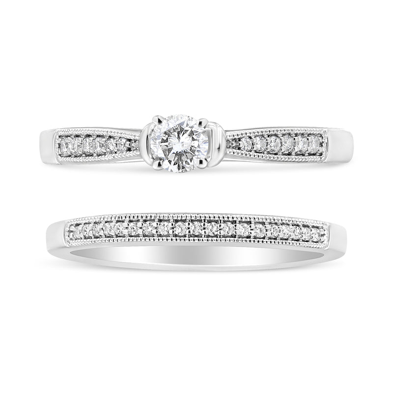 Bids.com .925 Sterling Silver 1/3 Cttw Diamond Classic Engagement Ring Bridal Set with Milgrain (I-J Color, I3 Clarity) - Ring Size 7 Rings