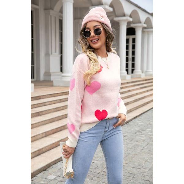 Heart Round Neck Droppped Shoulder Sweater