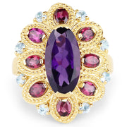 Bids.com 14K Yellow Gold Plated 6.80 Carat Genuine Amethyst, Rhodolite & Blue Topaz .925 Sterling Silver Ring Rings
