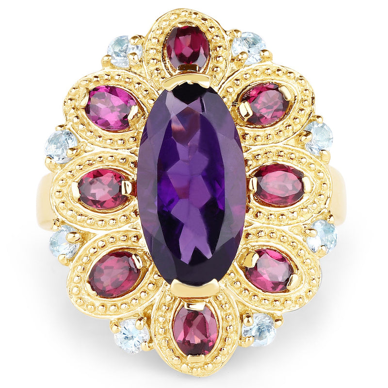 Bids.com 14K Yellow Gold Plated 6.80 Carat Genuine Amethyst, Rhodolite & Blue Topaz .925 Sterling Silver Ring Rings