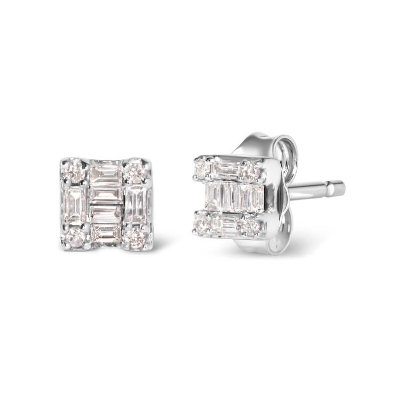 Bids.com 10K White Gold 1/7 Cttw Round and Baguette Diamond Mosaic Square Stud Earrings (H-I Color, I1-I2 Clarity) Earrings