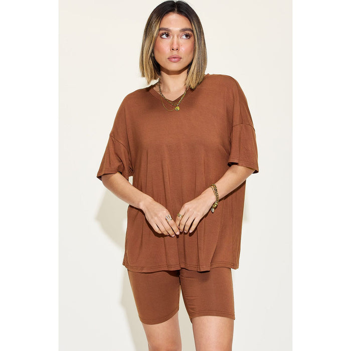 V-Neck Drop Shoulder Short Sleeve T-Shirt and Shorts Set