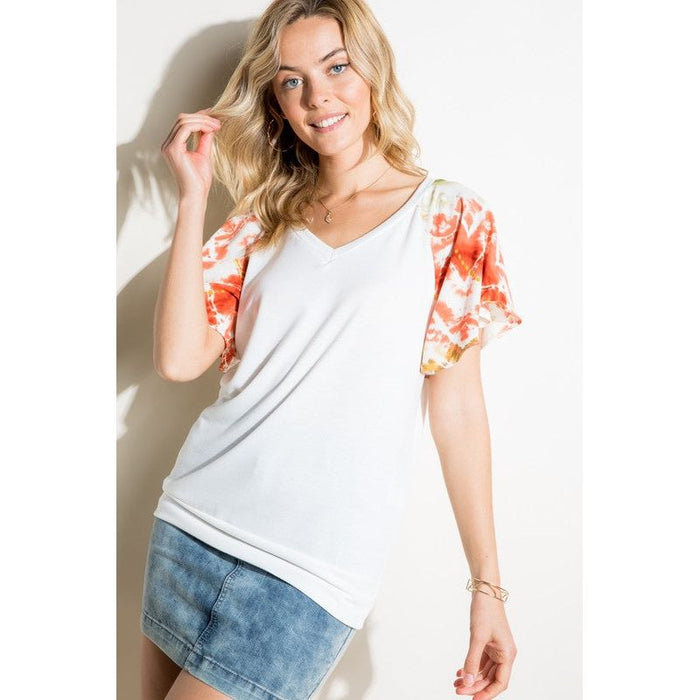 V NECK SHORT FLAIR SLEEVE TOP