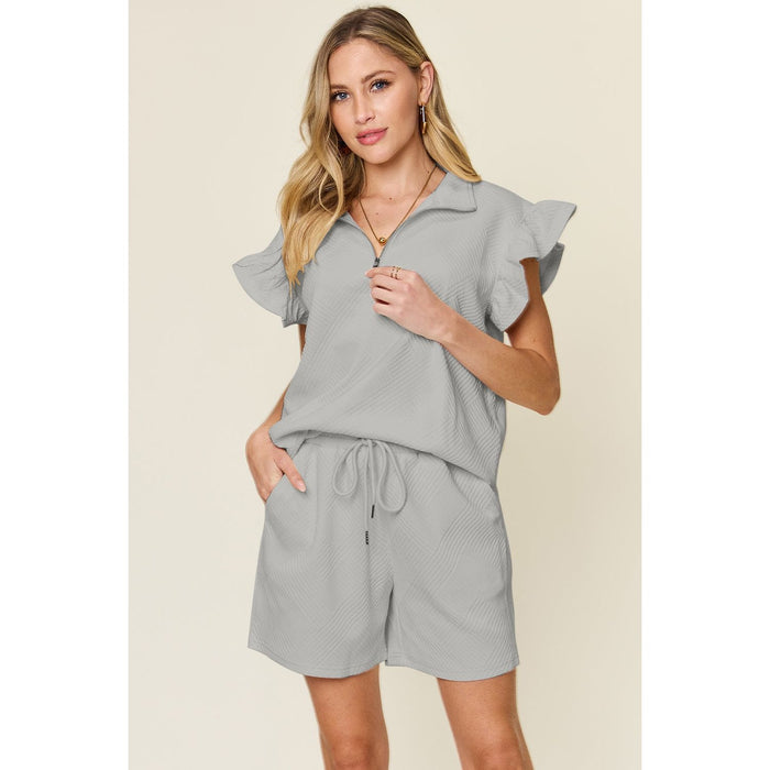 Texture Flounce Sleeve Top and Drawstring Shorts Set