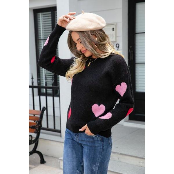 Heart Round Neck Droppped Shoulder Sweater