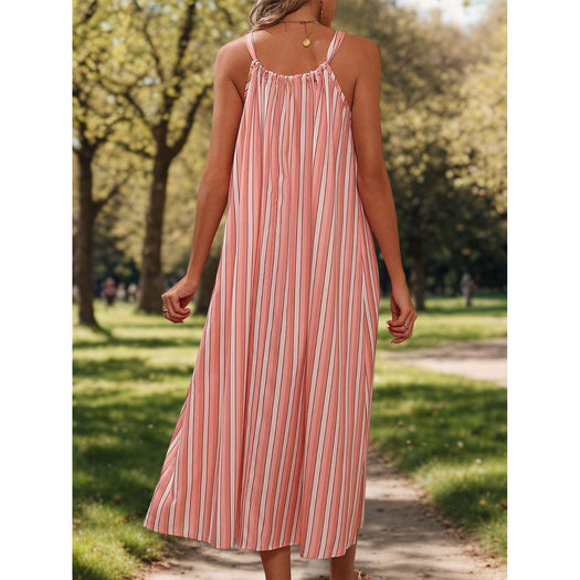 Striped Tie Neck Midi Cami Dress