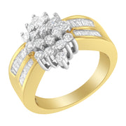 Bids.com 10K Yellow Gold 1.0 Cttw Round & Baguette Cut Diamond Floral Cluster Double-Channel Flared Band Statement Ring (H-I Color, SI2-I1 Clarity) - Size 6-1/2 Rings