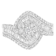 Bids.com 14K White Gold 1 Cttw Baguette and Round Diamond Floral Swirl Cluster Cocktail Ring Rings