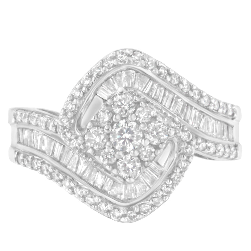 Bids.com 14K White Gold 1 Cttw Baguette and Round Diamond Floral Swirl Cluster Cocktail Ring Rings
