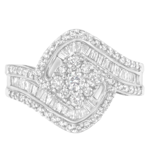 Bids.com 14K White Gold 1 Cttw Baguette and Round Diamond Floral Swirl Cluster Cocktail Ring Rings