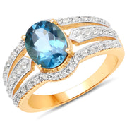 Bids.com 14K Yellow Gold Plated 2.30 Carat Genuine London Blue Topaz and White Topaz .925 Sterling Silver Ring Rings