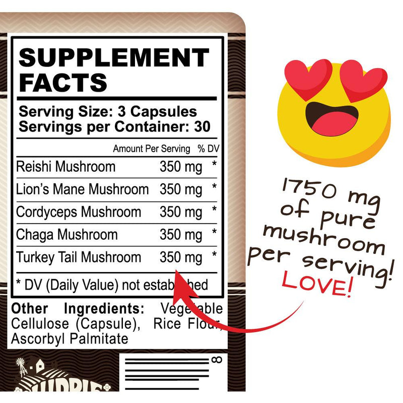 Hippie Farms Premium Immunity, Gut Health, and Brain Cognition Formula - 5 Mushrooms Reserve Blend Vitamins & Supplements