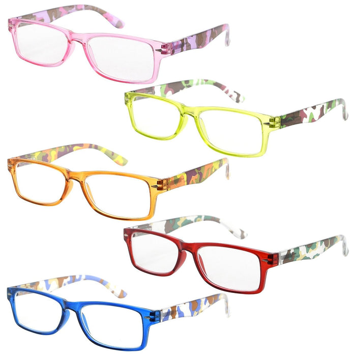 Eyekeeper - 5 Pack Rectangle Reading Glasses Camouflage Temples R066C