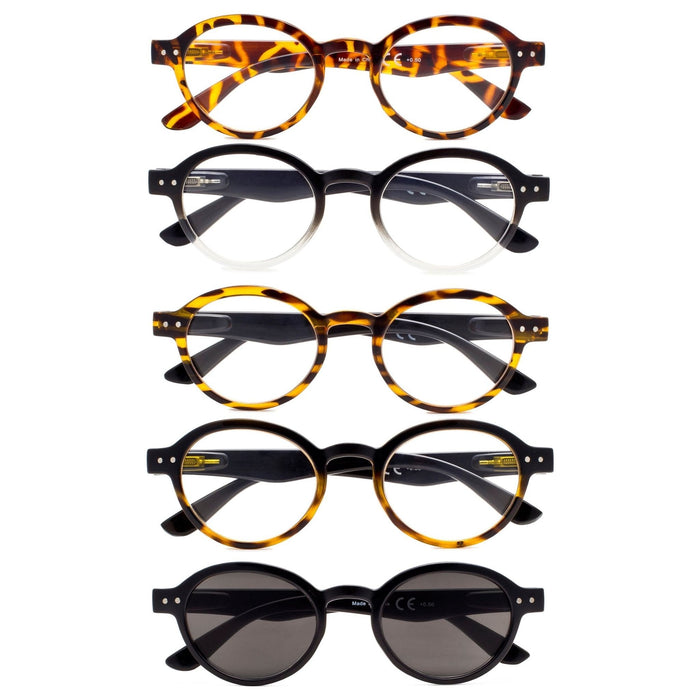 Eyekeeper - 5 Pack Retro Round Reading Glasses Include Sunglasses R070