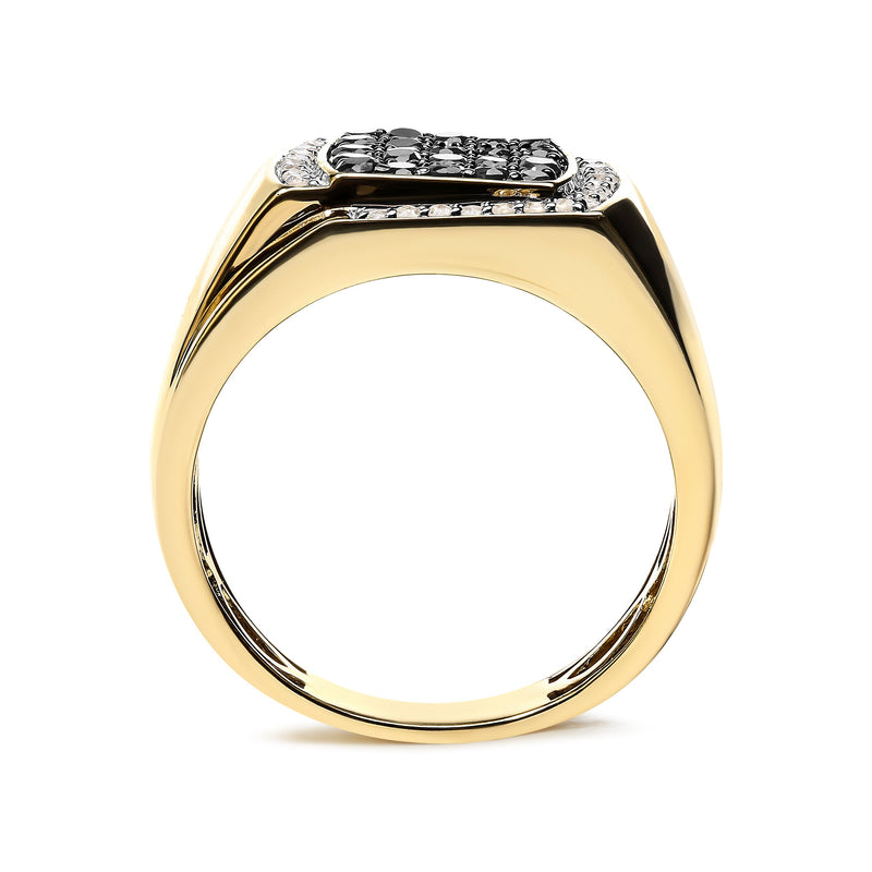 Bids.com Men's 10K Yellow Gold 1.00 Cttw Cushion Cluster Black and White Diamond Statement Ring (I-J Color, I2-I3 Clarity) - Ring Size 10.5 Rings