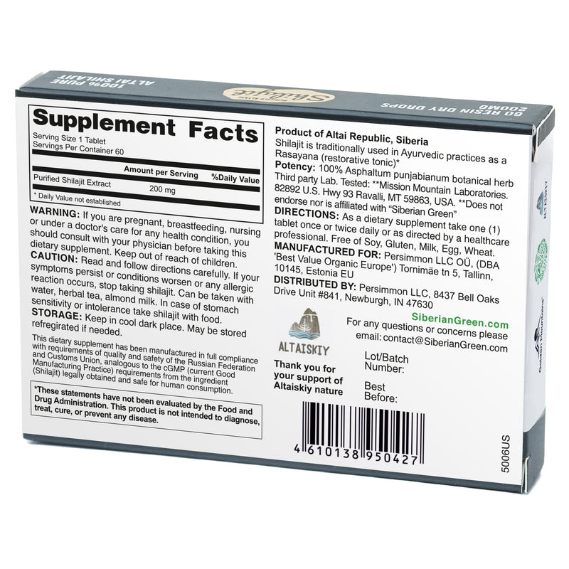 Siberian Green Shilajit Dry Drops | Altai Golden Mountains | 60 x 200mg