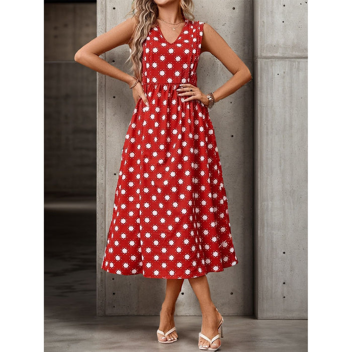 Printed V-Neck Sleeveless Midi Dress