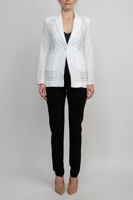 Lapel Collar Long Sleeve One Button Closure Eyelet Lace Blazer