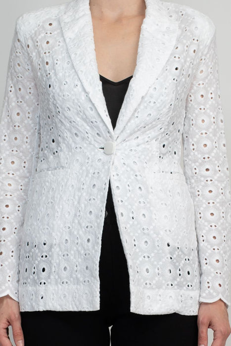 Lapel Collar Long Sleeve One Button Closure Eyelet Lace Blazer