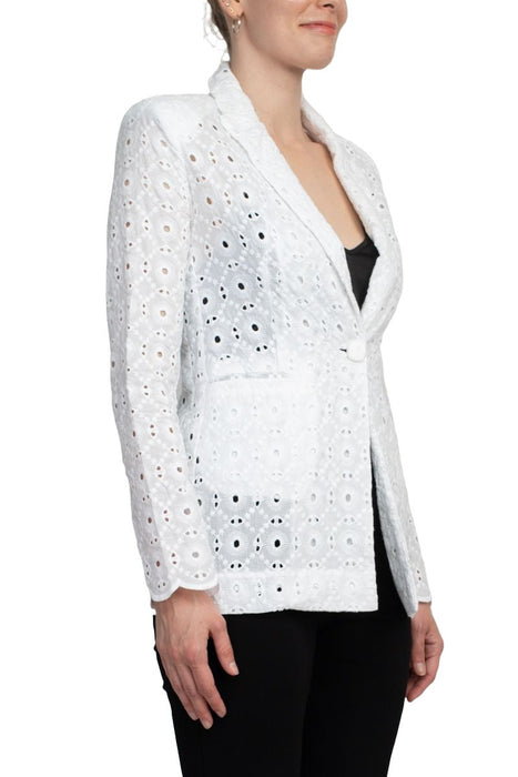 Lapel Collar Long Sleeve One Button Closure Eyelet Lace Blazer