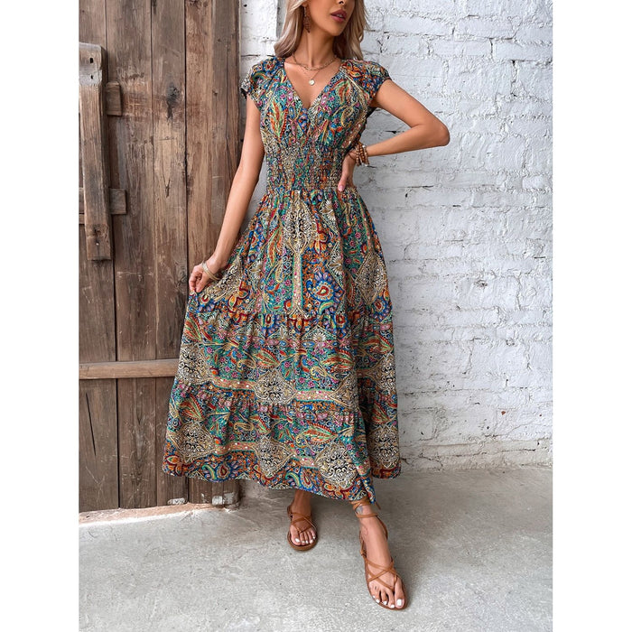 Smocked Printed Cap Sleeve Midi Dress