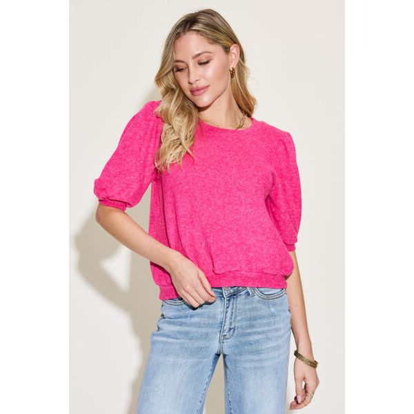 Zenana Round Neck Lantern Half Sleeve Sweater