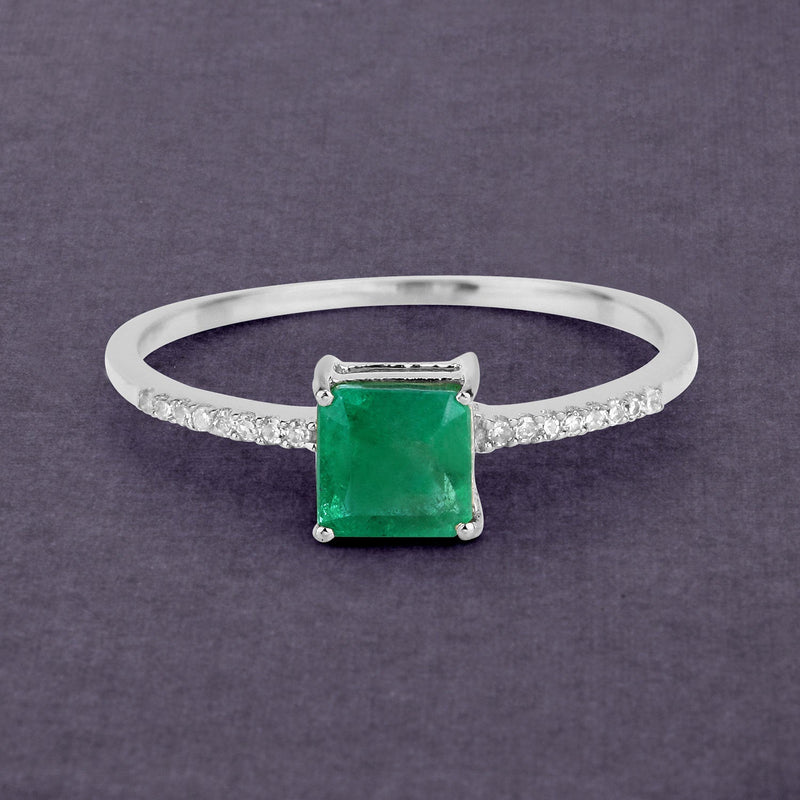 Bids.com 0.64 Carat Genuine Zambian Emerald and White Diamond 14K White Gold Ring Rings