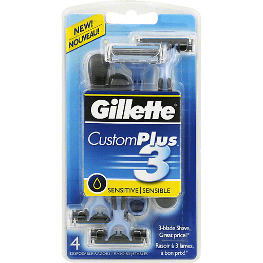 Gillette Gillette Custom Plus 3 Sensitive Disposable Razors 4 Ct Carded Pack Shaving & Grooming Light Gray