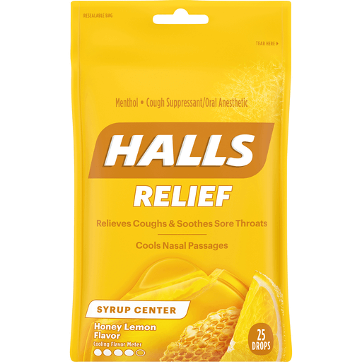 Halls Halls Cough Suppressant/Oral Anesthetic, Menthol, Soothing Syrup Center, Honey Lemon Flavor Health & Beauty Gold