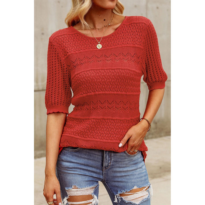 Openwork Round Neck Half Sleeve Knit Top