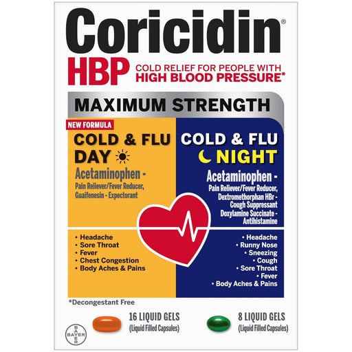 Coricidin Coricidin HBP Maximum Strength Day/Night Cold & Flu 24 Liquid Gels Medicine & Drugs