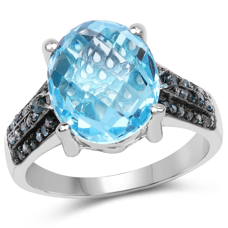 Bids.com 5.51 Carat Genuine Baby Swiss Blue Topaz and Blue Diamond .925 Sterling Silver Ring Rings