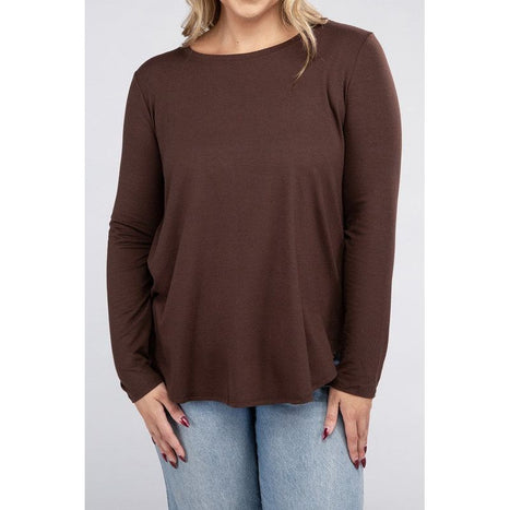 Plus Long Sleeve Round Neck Round Hem Top