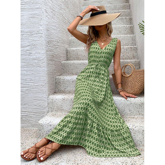 Printed V-Neck Tie Waist Midi Dress