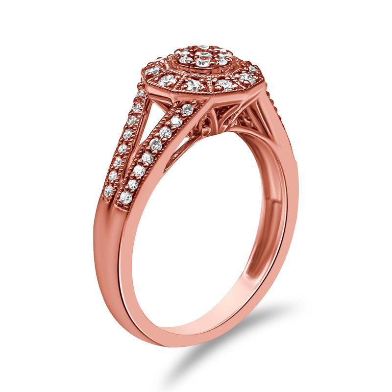 Bids.com 14K Rose Gold Plated .925 Sterling Silver 1/2 Cttw Pave Diamond Halo Cluster Split Shank Cocktail Ring (I-J Color, I1-I2 Clarity) - Size 6 Rings