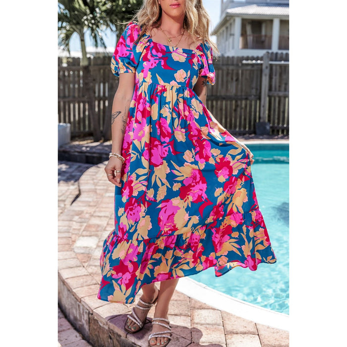 Printed Square Neck Short Sleeve Midi Dress