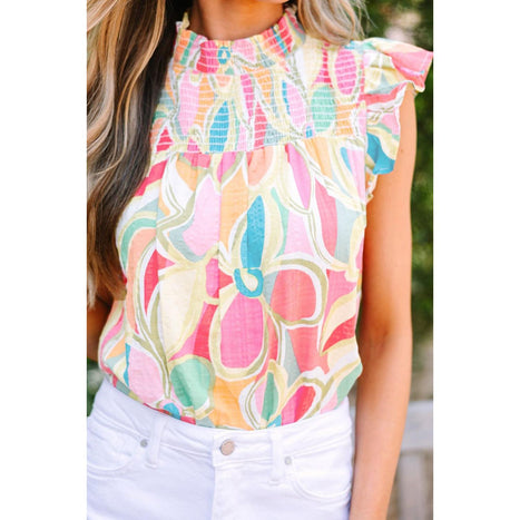 Ruffled Printed Mock Neck Cap Sleeve Blouse