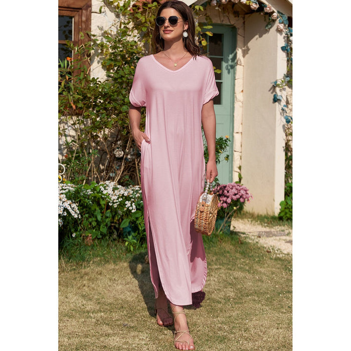 Slit Pocketed V-Neck Short Sleeve Dress in Blush Pink